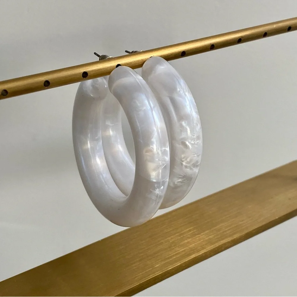 4/$15 White Chunky Acrylic Marble Thick Hoop Earrings